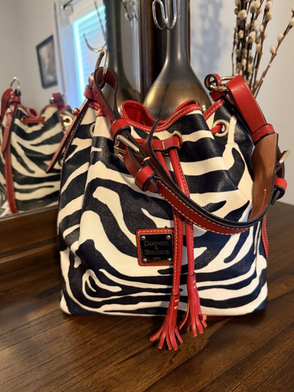 Dooney & Bourke Tasha Zebra Drawstring Bucket Bag, NWOT